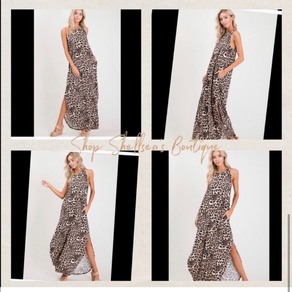 New! Animal Print Slit Maxi Dress with Pockets - Picture 1 of 7